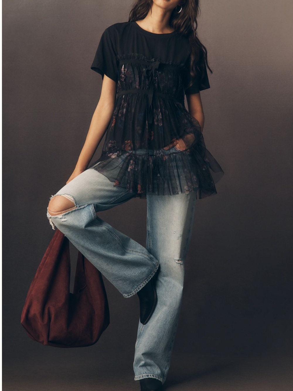 Anthropologie Tulle Short Sleeve Tee Tiered Bow New Medium Black Floral - Picture 4 of 13